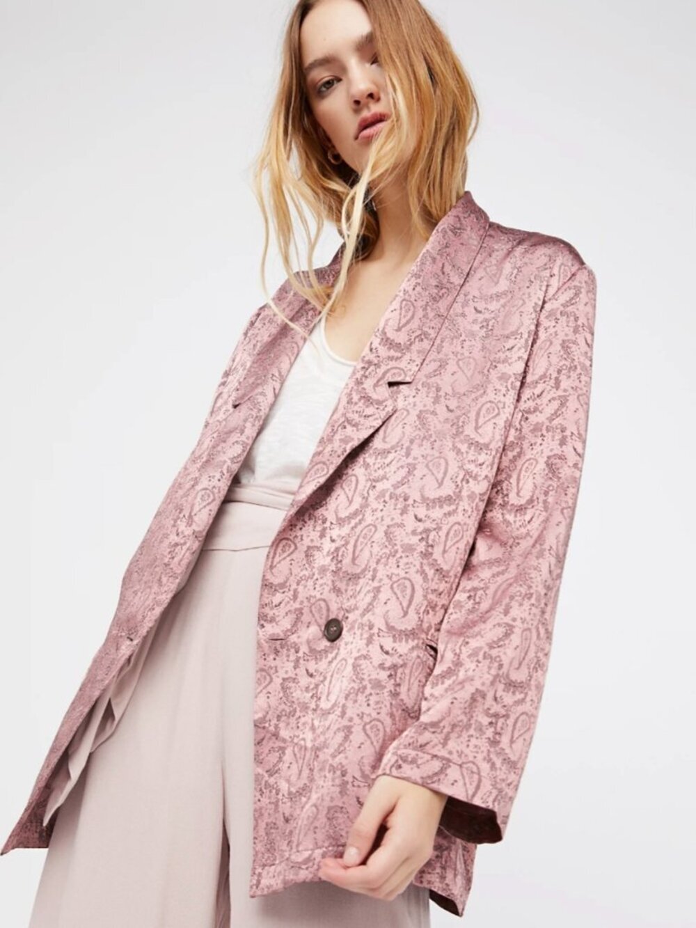 Free People Silky Jacquard Blazer in Dusky Pink Paisley pattern one-button large